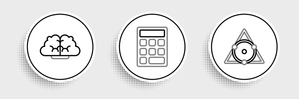 Set line Triangle math, Human brain and Calculator icon. Vector Illustrazione stock