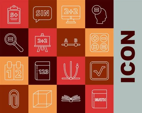 Set line Triangle math, Open book, Square root, Graph, schedule, chart, diagram Stock Illustration