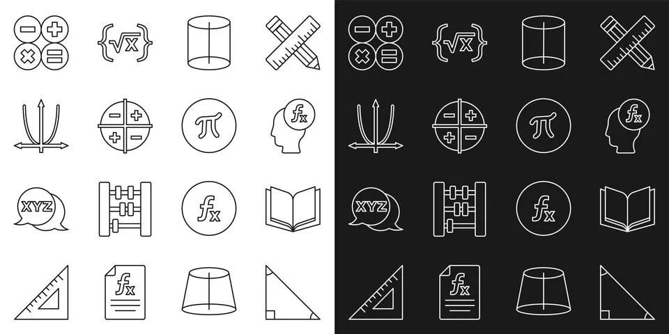 Set line Triangle math, Open book, Function mathematical symbol, Geometric Stock Illustration