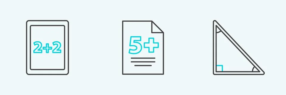 Set line Triangle math, Tablet with calculator and Test exam sheet icon. Vector Illustrazione stock