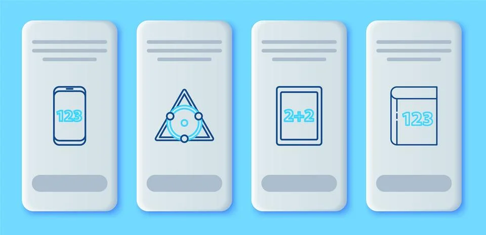 Set line Triangle math, Tablet with calculator, Mobile interface and Book word Stock Illustration