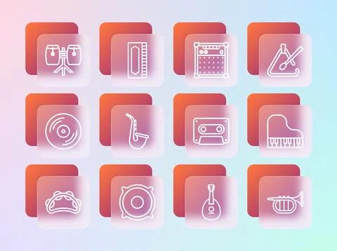 Set line Triangle musical instrument, Stereo speaker, Retro audio cassette .. Stock Illustration