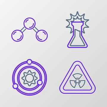 Set line Triangle with radiation, Solar system, Test tube and flask and Molecule Stock Illustration