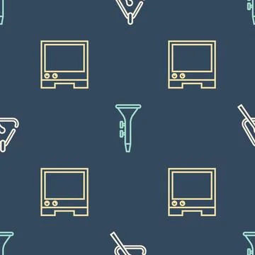 Set line Triangle, Voice assistant and Drum and drum sticks on seamless pattern Stock Illustration