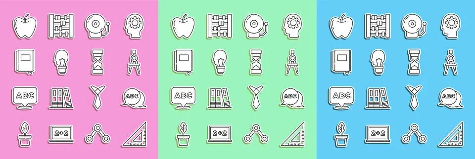 Set line Triangular ruler, Alphabet, Drawing compass, Ringing alarm bell, Light Stock Illustration