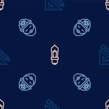Set line Triangular ruler and pencil, Builder and Light bulb on seamless pattern Stockillustratie
