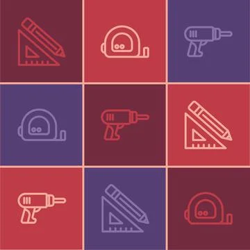 Set line Triangular ruler and pencil, Electric drill machine and Roulette Illustrazione stock