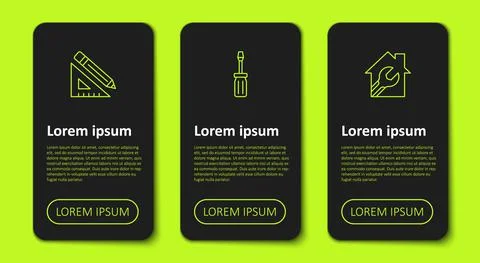 Set line Triangular ruler and pencil, Screwdriver and House with wrench spanner Stock Illustration