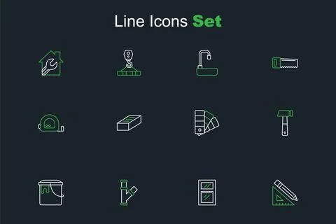 Set line Triangular ruler and pencil, Hammer wrench spanner, Industry metal.. Illustrazione stock