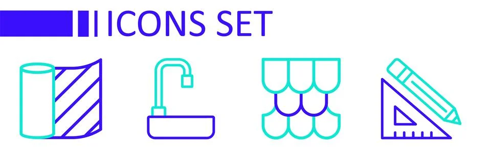 Set line Triangular ruler and pencil, Roof tile, Washbasin and Wallpaper ic.. Stock Illustration