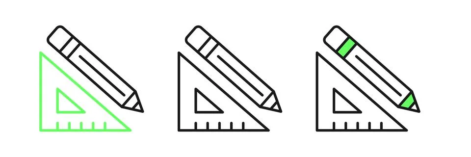 Set line Triangular ruler and pencil icon isolated on white background. Str.. Illustrazione stock