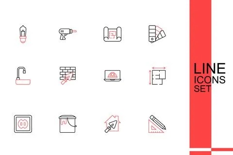 Set line Triangular ruler and pencil, House with trowel, Paint bucket, Elec.. Ilustración de archivo