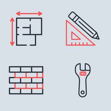 Set line Triangular ruler and pencil, Bricks, Adjustable wrench and House p.. イラスト素材