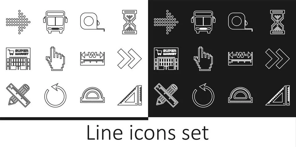 Set line Triangular ruler, Arrow, Roulette construction, Pixel hand cursor Stock Illustration