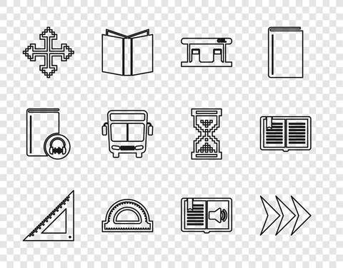 Set line Triangular ruler, Arrow, Gas filling station, Protractor grid, Pixel イラスト素材