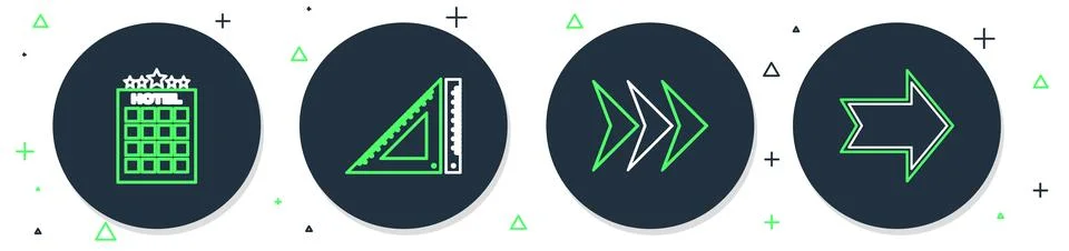 Set line Triangular ruler, Arrow, Hotel building and  icon. Vector Stock Illustration
