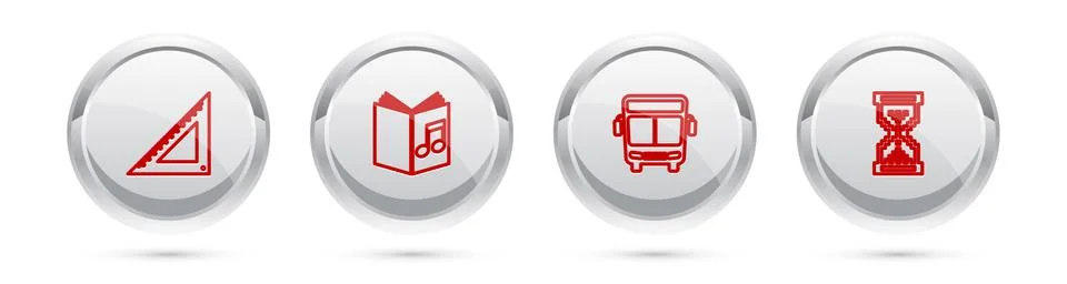 Set line Triangular ruler, Audio book, Bus and Hourglass pixel. Silver circle Stock Illustration