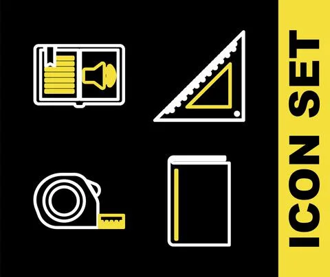 Set line Triangular ruler, Book, Roulette construction and Audio book icon Stock Illustration