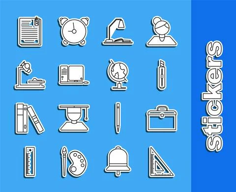 Set line Triangular ruler, Briefcase, Stationery knife, Workplace with table Illustrazione stock