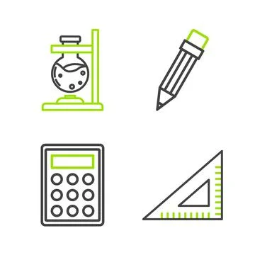 Set line Triangular ruler, Calculator, Pencil with eraser and Glass test tube Ilustração Stock