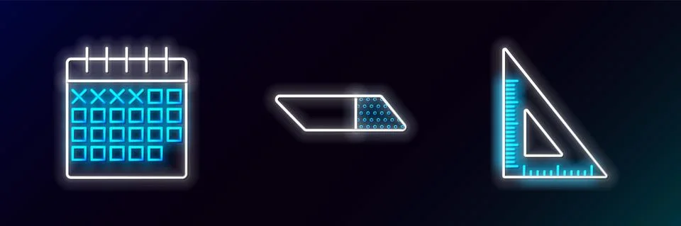 Set line Triangular ruler, Calendar and Eraser or rubber icon. Glowing neon Stock Illustration