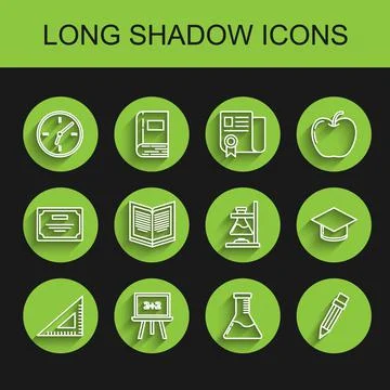 Set line Triangular ruler, Chalkboard, Clock, Test tube and flask chemical Illustrazione stock