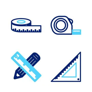 Set line Triangular ruler, Crossed and pencil, Roulette construction and Tape Illustrazione stock