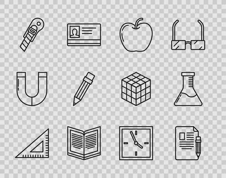 Set line Triangular ruler, Exam sheet and pencil with eraser, Apple, Open book Stock Illustration