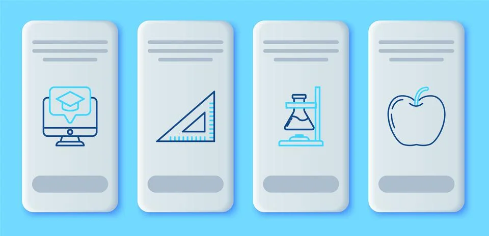 Set line Triangular ruler, Glass test tube flask on fire, Monitor with gradua Stock Illustration