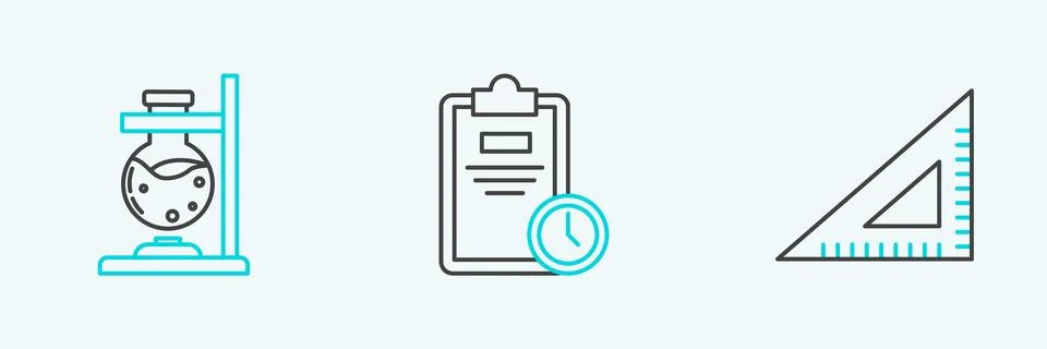 Set line Triangular ruler, Glass test tube flask on fire and Exam sheet wit.. Stock Illustration