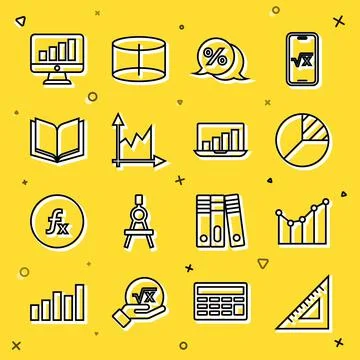 Set line Triangular ruler, Graph, schedule, chart, diagram, Pie infographic Stock Illustration