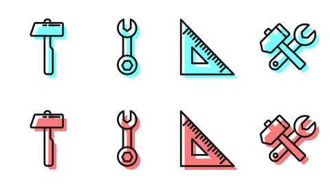 Set line Triangular ruler, Hammer, Wrench spanner and Hammer and wrench spanner Stock Illustration