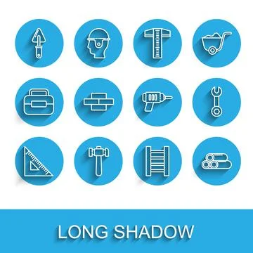 Set line Triangular ruler, Hammer, Trowel, Wooden staircase, Industry metal.. Illustrazione stock