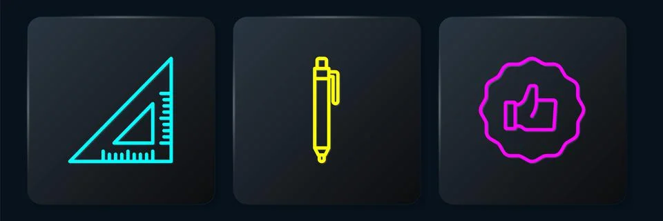 Set line Triangular ruler, Hand thumb up and Pen. Black square button. Vector Illustrazione stock