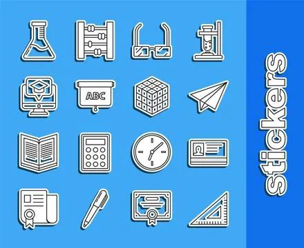 Set line Triangular ruler, Identification badge, Paper airplane, Glasses Ilustração Stock