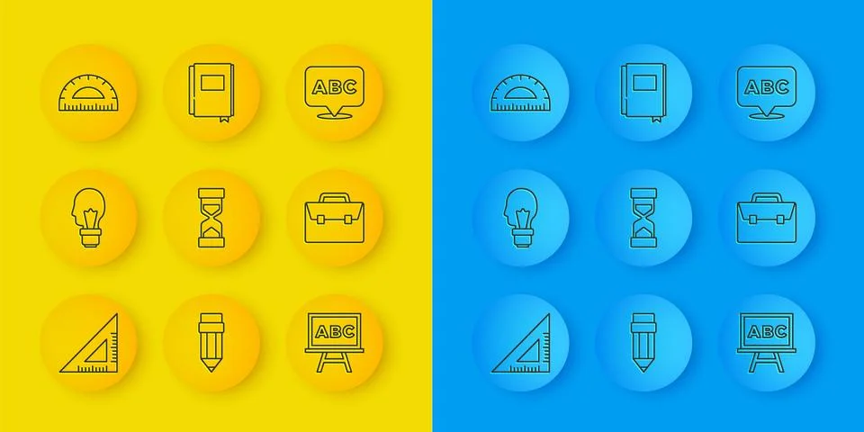 Set line Triangular ruler, Light bulb with concept of idea, Old hourglass sand Illustrazione stock