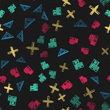 Set line Triangular ruler, Mall or supermarket building, Crossed and pencil and Stock Illustration