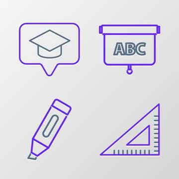 Set line Triangular ruler, Marker pen, Chalkboard and Graduation cap in spe.. Illustrazione stock