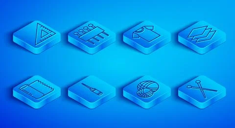 Set line Triangular ruler, Needle for sewing, T-shirt, Awl tool, Yarn ball Stock Illustration