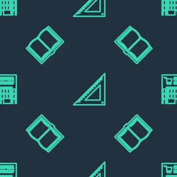 Set line Triangular ruler, Open book and Supermarket building on seamless Illustrazione stock