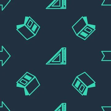 Set line Triangular ruler, Open book and Arrow on seamless pattern. Vector Stock Illustration