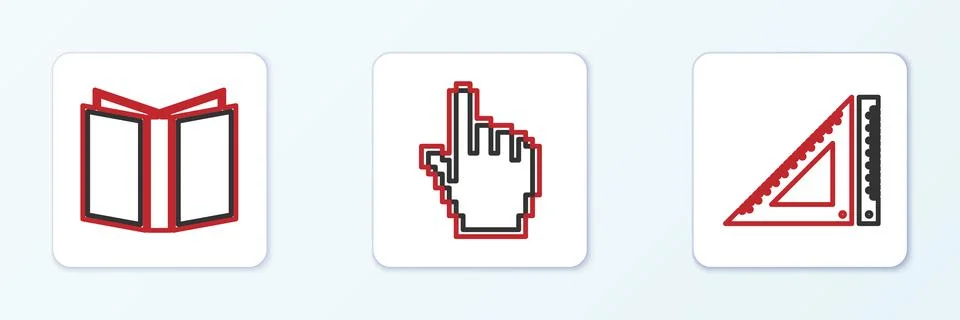 Set line Triangular ruler, Open book and Pixel hand cursor icon. Vector Illustrazione stock