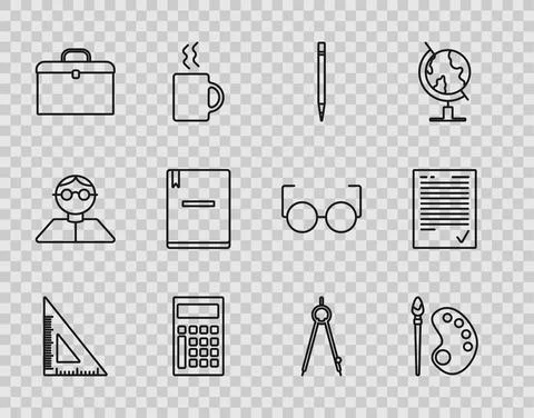 Set line Triangular ruler, Paint brush with palette, Pencil eraser, Calculator Stock Illustration