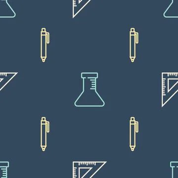 Set line Triangular ruler, Pen and Test tube and flask on seamless pattern Stockillustratie