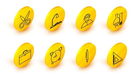 Set line Triangular ruler, Pen, Alarm clock, Briefcase, Test tube and flask 스톡 일러스트