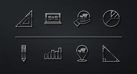 Set line Triangular ruler, Pencil, Pie chart infographic, Square root of x .. Stock Illustration