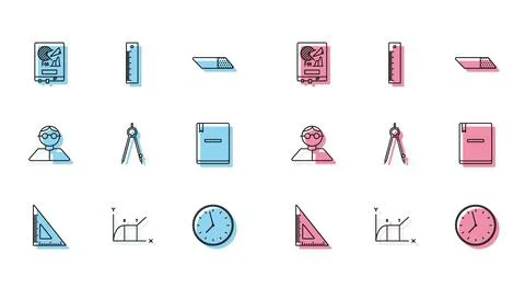 Set line Triangular ruler, Pie chart infographic, Board with, Clock, Drawing Stock Illustration