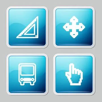 Set line Triangular ruler, Pixel arrows in four directions, Bus and hand curs Illustrazione stock