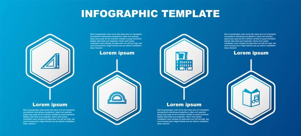 Set line Triangular ruler, Protractor grid, Mall supermarket building and Audio Illustrazione stock