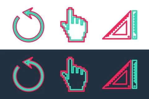 Set line Triangular ruler, Refresh and Pixel hand cursor icon. Vector Illustrazione stock